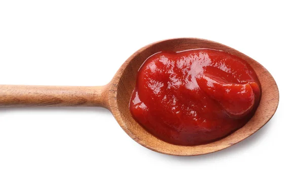 Ízletes Ketchup Fából Készült Kanállal Elszigetelt Fehér Felső Nézet — Stock Fotó