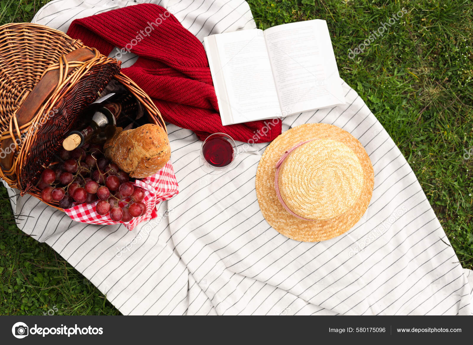 Flat Lay Composition Wicker Basket Picnic Blanket Green Grass