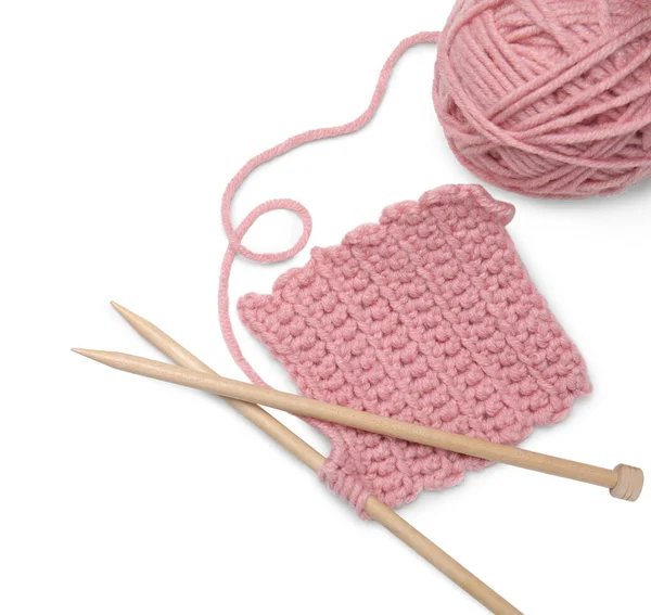 Soft Pink Woolen Yarn Knitting Wooden Needles White Background Top — Stock Photo, Image