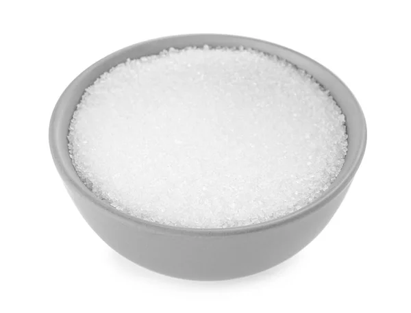 Granulált Cukor Fehér Alapon Izolált Tálban — Stock Fotó