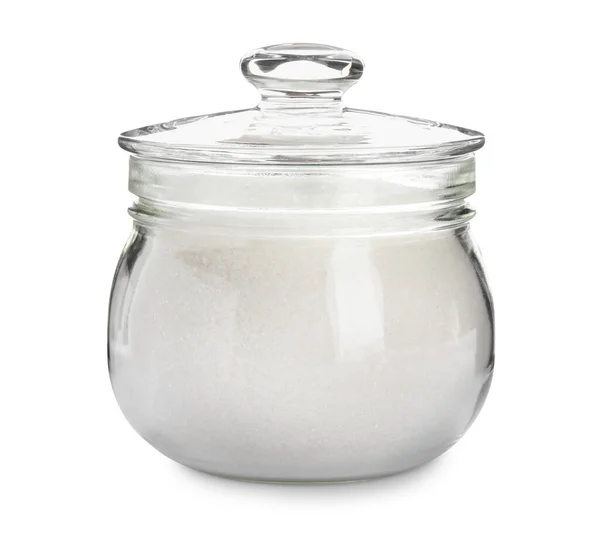 Azúcar Granulado Frasco Vidrio Aislado Blanco —  Fotos de Stock