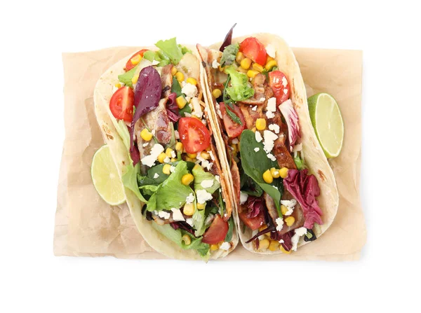 Heerlijke Taco Met Gebakken Spek Limoen Witte Achtergrond Bovenaanzicht — Stockfoto