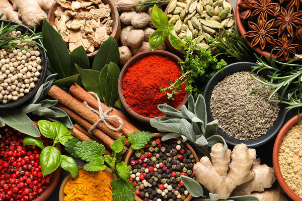 Различные свежие травы и специи в качестве фона, вид сверху