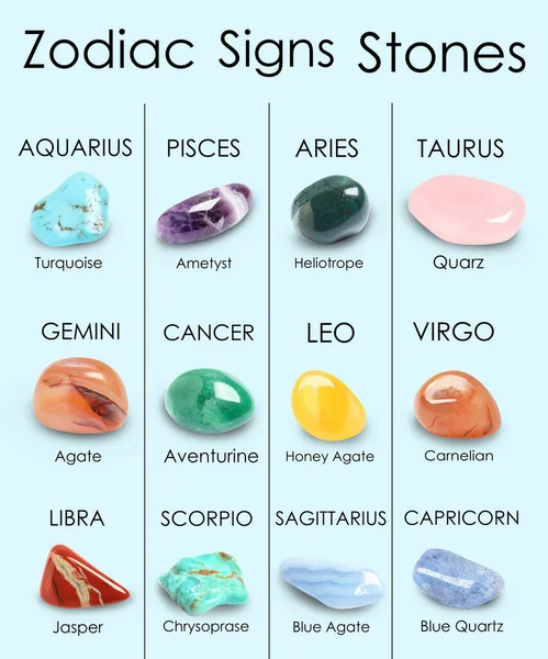 Signos Zodíaco Suas Pedras Preciosas Fundo Azul Claro — Fotografia de Stock