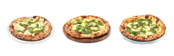 Set Van Heerlijke Pizza Met Pesto Kaas Witte Achtergrond Banner — Stockfoto