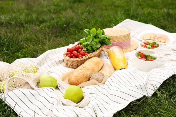 Пікнік Соком Їжею Зеленій Траві — стокове фото