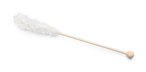 Drewniany Kij Kryształkami Cukru Izolowany Białym Górnym Widoku Smaczne Cukierki — Zdjęcie stockowe