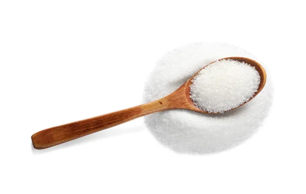 Cucchiaio Legno Zucchero Semolato Isolato Bianco Vista Dall Alto — Foto Stock