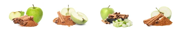 Fresh Ripe Apples Aromatic Cinnamon Sticks Powder White Background Collage — Stockfoto