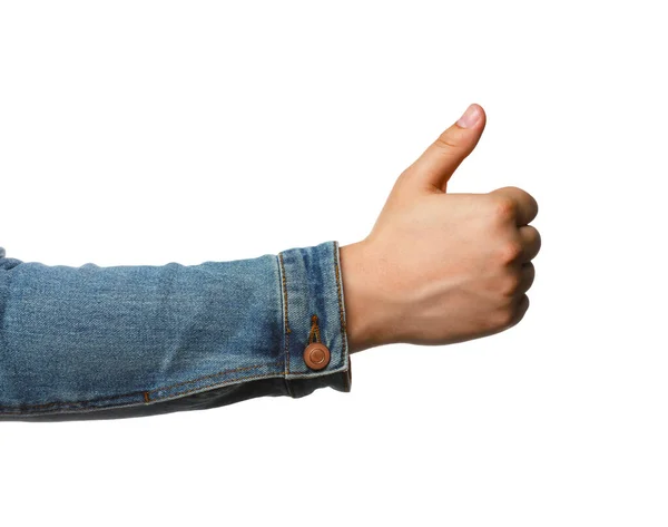 Mannen Visar Tummen Upp Vit Bakgrund Närbild Handen Liftargest — Stockfoto