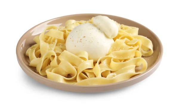 Deliziosa Pasta Con Burrata Isolata Bianco — Foto Stock