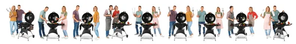 Collage Avec Des Photos Homme Femme Cuisinant Sur Barbecue Grill — Photo