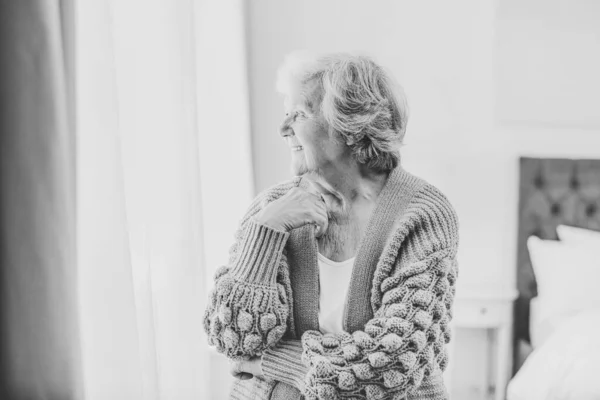 Portrait Beautiful Senior Woman Home Black White Photography — Stock Photo, Image