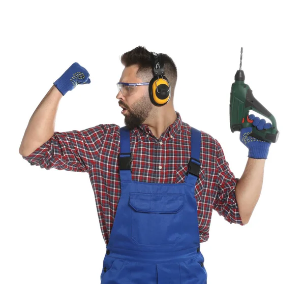 Jovem Trabalhador Uniforme Com Broca Energia Fundo Branco — Fotografia de Stock