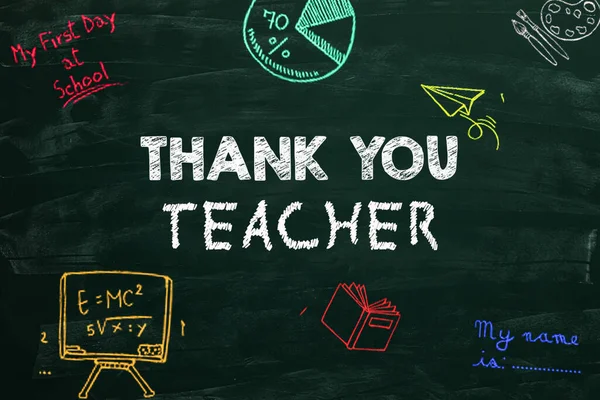Phrase Thank You Teacher and different pictures drawn on green chalkboard