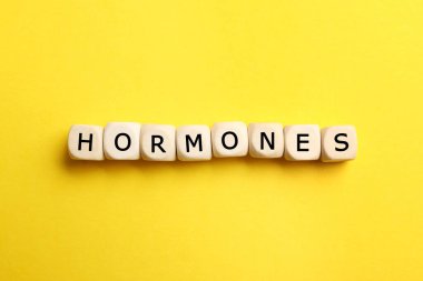 Sözcük hormonları, sarı arka planda harfleri olan tahta küplerden yapılmıştır.