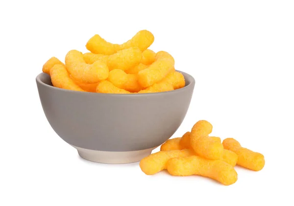 Many Tasty Cheesy Corn Puffs Bowl Isolated White — Stockfoto