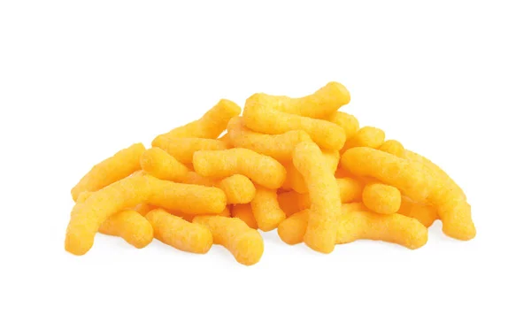 Many Tasty Cheesy Corn Puffs Isolated White — Stockfoto