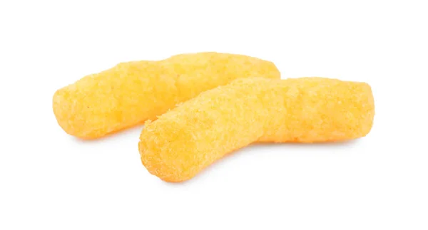 Two Tasty Cheesy Corn Puffs Isolated White — Stockfoto