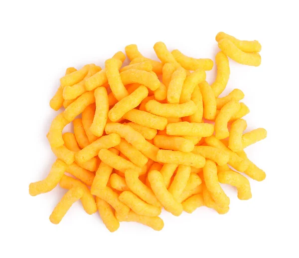 Many Tasty Cheesy Corn Puffs Isolated White Top View — Stock Photo, Image