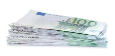 Avro banknotları beyaza izole edilmiş. Para ve finans