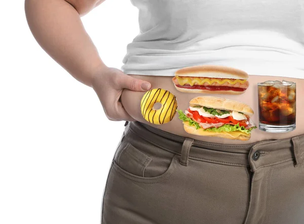 Overweight Woman Tight Shirt Trousers Images Different Unhealthy Food Her — Stock Photo, Image