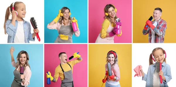 Коллаж Фотографиями Смешных Людей Поющих Разных Цветовых Фонах Баннерный Дизайн — стоковое фото