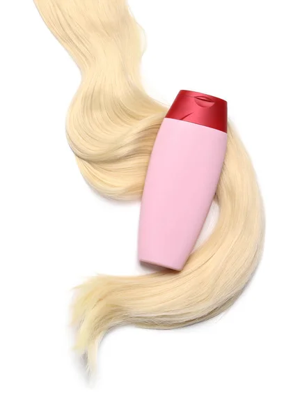 Bloqueio Cabelo Liso Loiro Bonito Produto Cosmético Fundo Branco Vista — Fotografia de Stock