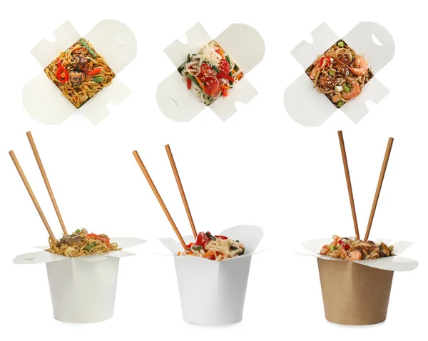 Set Boxes Tasty Wok Noodles White Background — Stock Photo, Image