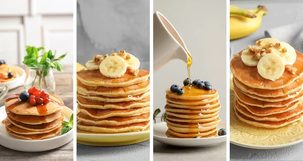 Kolase Pancake Lezat Dengan Topping Yang Berbeda Desain Spanduk — Stok Foto