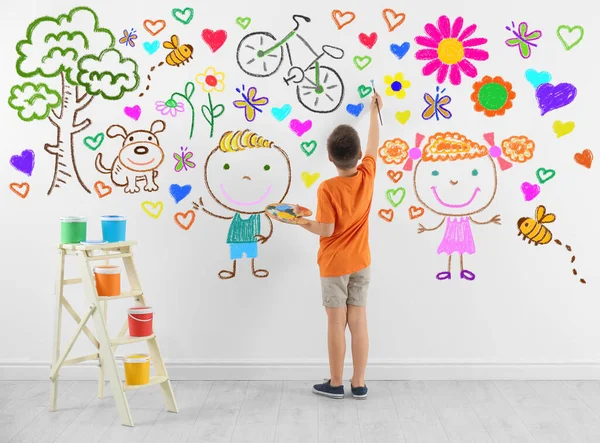 Cute Child Boy Drawing Colorful Dye Many Different Picture White — Stock Photo, Image