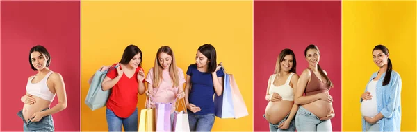 Коллаж Фотографиями Счастливых Беременных Женщин Пакетами Покупок Разных Цветовых Фонах — стоковое фото