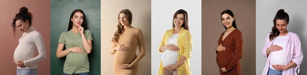 Kolaż Zdjęciami Pięknych Kobiet Ciąży Różnych Kolorach Tła Projekt Banera — Zdjęcie stockowe
