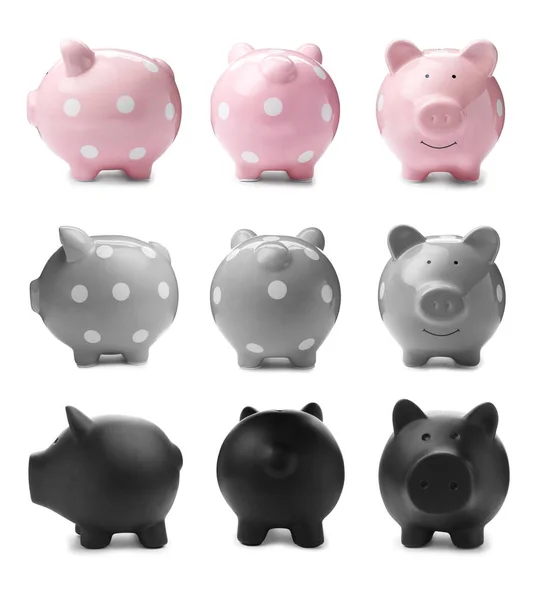 Conjunto Com Diferentes Bancos Porquinhos Fundo Branco Poupança — Fotografia de Stock