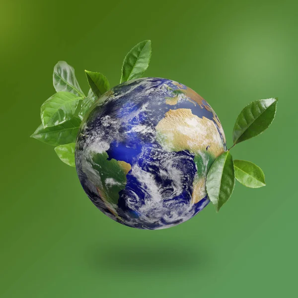 Concetto Riciclaggio Terra Pianeta Con Foglie Verdi Sfondo Colore — Foto Stock