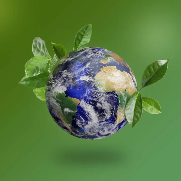 Recycling concept. Earth planet with green leaves on color background