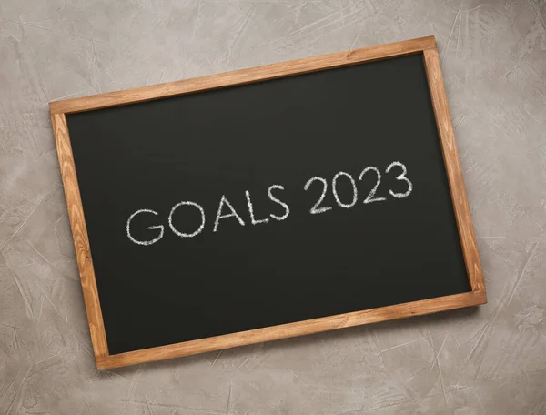 Tablica Frazą Goals 2023 Jasnoszare Kamienne Tło Widok Góry — Zdjęcie stockowe