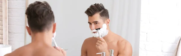 Young Man Shaving Mirror Bathroom Banner Design — Stock Photo, Image