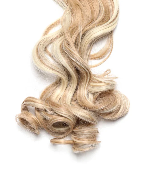 Όμορφη Ξανθιά Σγουρά Μαλλιά Απομονώνονται Λευκό Κορυφαία Άποψη — Φωτογραφία Αρχείου