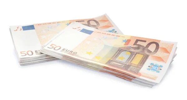 Stos Banknotów Euro Odizolowanych Biało Pieniądze Finanse — Zdjęcie stockowe