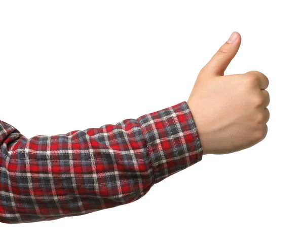 Man Showing Thumb White Background Closeup Hand Hitchhiking Gesture — Stock Photo, Image