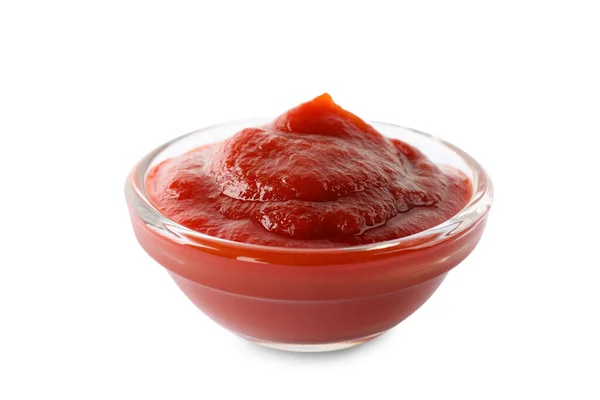 Tasty Ketchup Glass Bowl Isolated White Closeup — Stock Photo, Image