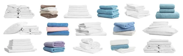 Conjunto Com Toalhas Coloridas Travesseiros Sobre Fundo Branco Design Banner — Fotografia de Stock
