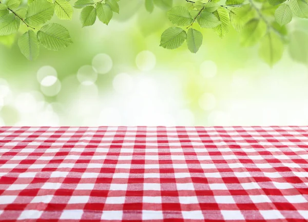 Table with checkered picnic cloth outdoors on sunny day. Space for design