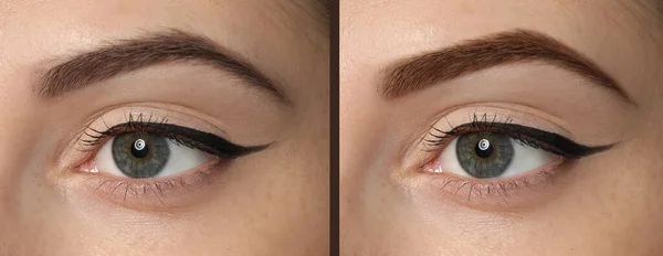 Collage Med Bilder Kvinna Före Och Efter Ögonbrynsfärgning Med Henna — Stockfoto