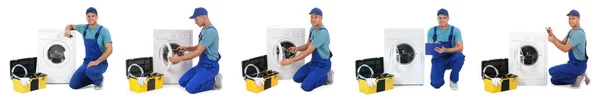 白い背景に洗濯機を修復する配管工の写真とコラージュ バナーデザイン — ストック写真
