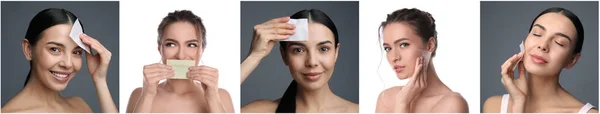 Collage Photos Beautiful Women Using Mattifying Wipes Different Color Backgrounds — Stockfoto