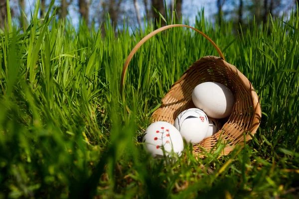 Wicker Basket Decorated Easter Eggs Green Grass Outdoors Space Text — Stock Photo, Image