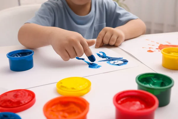Little Child Painting Finger White Table Indoors Closeup — Stock Photo, Image