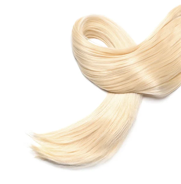 Mechón Hermoso Cabello Rubio Liso Aislado Blanco Vista Superior — Foto de Stock